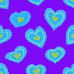 Blue hearts on a lilac background. Love symbol. Seamless pattern. Pattern for valentine's day, birthday, holidays, fabric, textile, packaging, clothing.