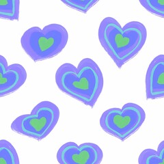 Lilac, green hearts on a white background. Love symbol. Seamless pattern. Pattern for valentine's day, birthday, holidays, fabric, textile, packaging, clothing.