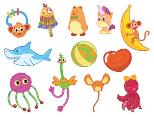 Collection of children toys. Kid development and entertainment isolated on white background. Bundle of tools for kid amusement and play. Bright colored vector icons