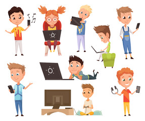 Kids who using gadget. Child and modern technology colorful cartoon characters. Childrens watching, listening and playing with electronic devices