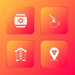 Set Wooden barrel with honey, Honey dipper stick, Hive for bees and Honeycomb location icon. Vector