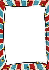 Fototapeta premium Vintage tricolor frame in pop art style. Bright page for festive photos. Template for the design of frames for party, photographs, posters, cards, stickers. Comic Vector illustration.