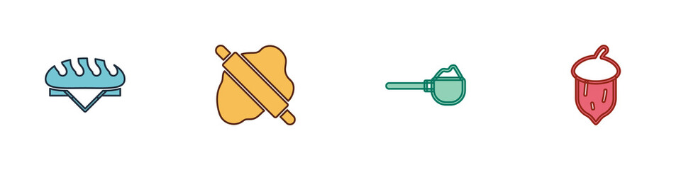Set Bread loaf, Rolling pin on dough, Measuring cup with flour and Acorn, oak nut, seed icon. Vector