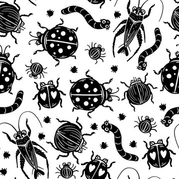 Cute insects seamless pattern. Background with funny insects. Vector illustration.