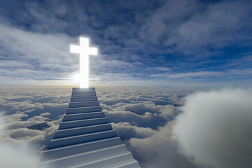 Stairway Leading Up To Heavenly Sky Toward The Cross of Light