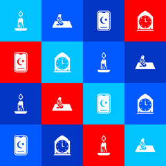 Set Burning candle, Muslim man prays, Star crescent and Clock icon. Vector