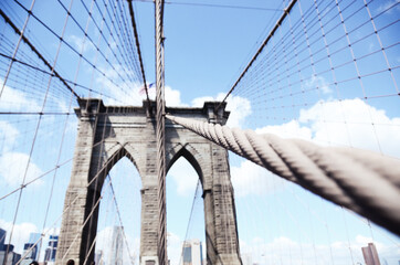 USA, NEW YORK: Scenic cityscape view on the Brooklyn Bridge 