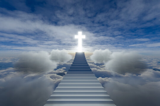 Stairway Leading Up To Heavenly Sky Toward The Cross of Light