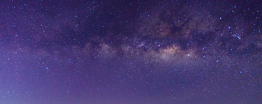 Blur background of blue sky.Panorama blue night sky milky way and star on dark background.Universe filled with stars, nebula and galaxy with noise and grain.