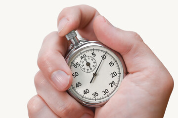 Stopwatch button presses hand finger on white background, isolate