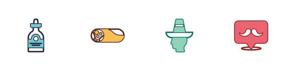 Set Tequila bottle, Burrito, Mexican man sombrero and Mustache icon. Vector