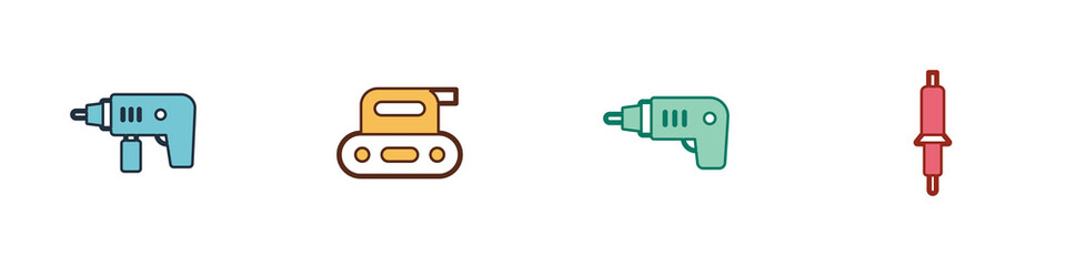 Set Electric drill machine, planer tool, cordless screwdriver and Soldering iron icon. Vector