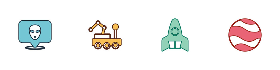 Set Alien, Mars rover, Rocket ship and Planet icon. Vector