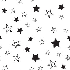 Star doodles seamless pattern. Hand drawn stars illustrations, background texture. Monochromatic.