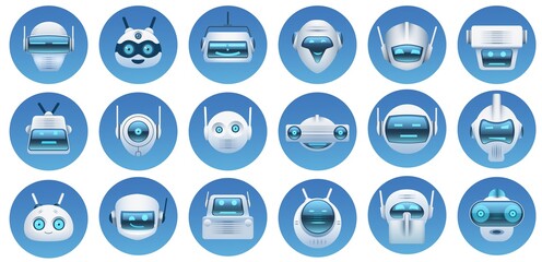 Robot head avatars. Cartoon virtual assistant, chat bot faces, robots logo, emoji and mascots. Futuristic android character icons vector set
