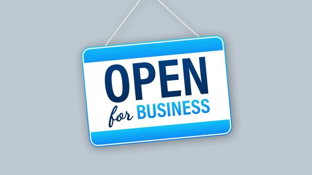 Open for business sign. Flat design for business financial marketing. Banking advertisement office stock fund commercial background in minimal concept. Motion graphics.