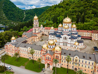 Top view of Orthodox monastery in Novy Afon, Abkhazia.  Christian temple in New Athos. Photo from...