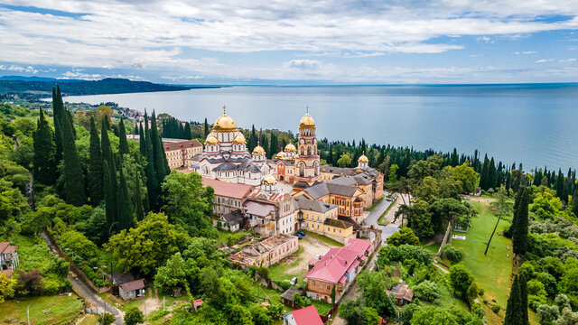 Top view of Orthodox monastery in Novy Afon, Abkhazia.  Christian temple in New Athos. Photo from above.