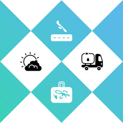 Set Sun and cloud weather, Suitcase, Plane landing and Fuel tanker truck icon. Vector
