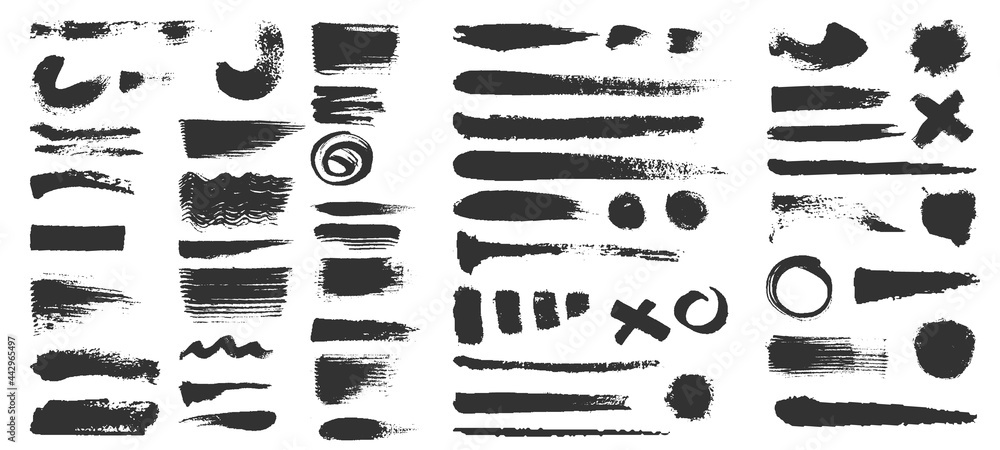 Poster brush strokes. grunge textured black paint lines, circles and crosses. distress ink shapes, blobs an