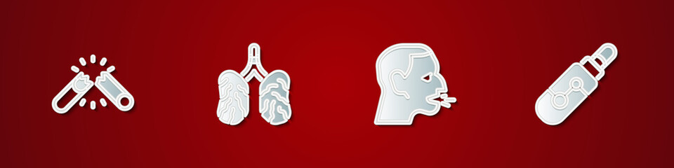 Set Broken cigarette, Disease lungs, Man coughing and Electronic icon. Vector