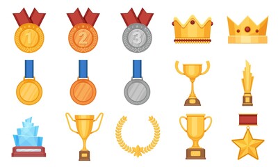Trophies and medals. Award prize flat icon, olympic gold, silver and bronze medal with ribbon. Winner cup, glass reward and crown vector set