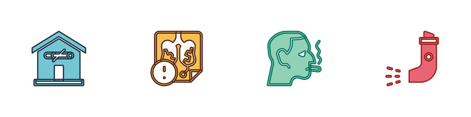 Set No smoking at home, Disease lungs, Man cigarette and Inhaler icon. Vector