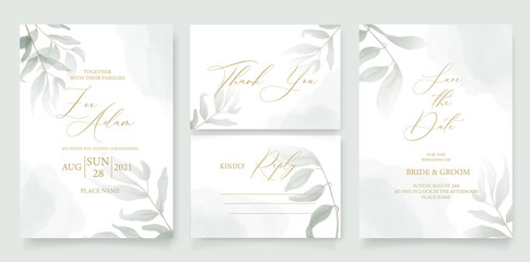 Wedding invitation template, with watercolor green leaves, brunches, and handmade calligraphy.