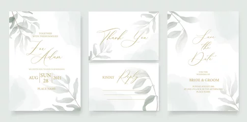 Foto op Canvas Wedding invitation template, with watercolor green leaves, brunches, and handmade calligraphy. © ku4erashka