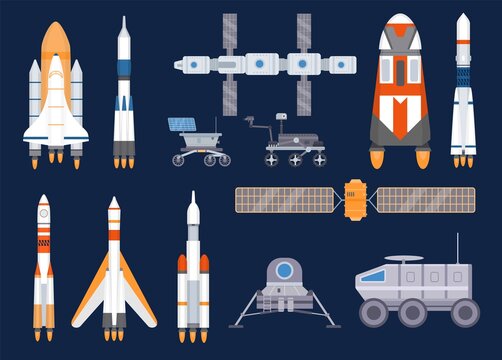 Spacecraft technology. Satellites, rockets, space station, ships, shuttles, moon and mars rovers. Universe exploring equipment vector set