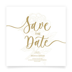 Save the date card. Wedding invitation template, with flower of rose and leaves in line. Minimalism style with calligraphy.