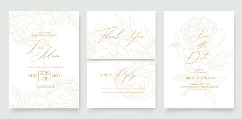 Wedding invitation template with flower of rose and leaves in line. Minimalism style.