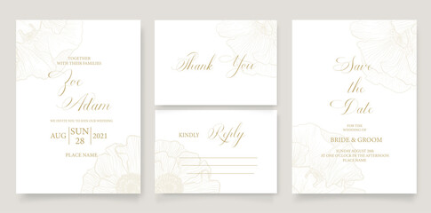Wedding invitation template with flower of poppy in line. Minimalism style.