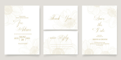 Wedding invitation template with flower of peony in line. Minimalism style.
