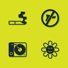 Set Cigarette, Flower, Vinyl player and No war icon. Vector