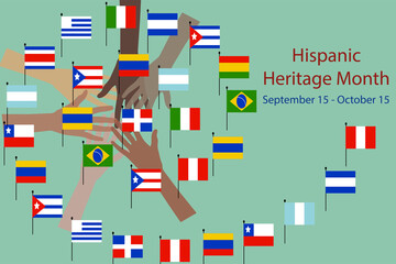 National Hispanic heritage month and culture theme Vector illustration, hands with different color and Flags of America. 