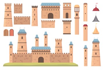 Castle constructor. Medieval architecture elements, towers with flags, walls and doors. Old historical bastion building, fortress vector set - obrazy, fototapety, plakaty