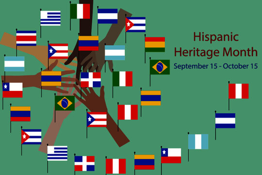 National Hispanic heritage month and culture theme Vector illustration, hands with different color and Flags of America. 