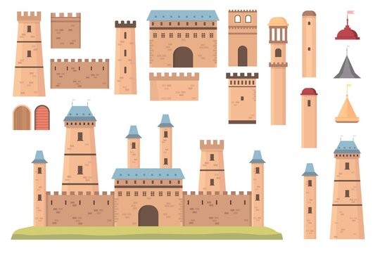 Castle constructor. Medieval architecture elements, towers with flags, walls and doors. Old historical bastion building, fortress vector set