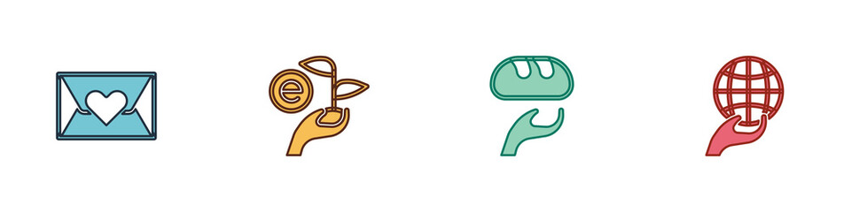 Set Envelope with heart, Leaf in hand, Donation food and Hand holding Earth globe icon. Vector