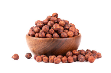 Pile of brown chickpeas in wooden bowl, isolated on white background. Brown chickpea. Garbanzo, bengal gram or chick pea bean.
