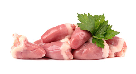 Chicken hearts raw isolated on white background. Fresh chicken broiler hearts with parsley leaves. Close up.