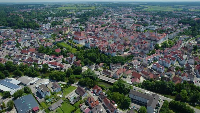 Aerial view of the city Günzburg  in Germany, Bavaria on a sunny high noon spring day