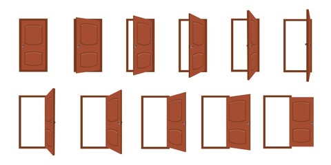 Door opening. Cartoon open and closed living room doors. House entrance with frame, home wood doorway or exit. Door animation vector frames