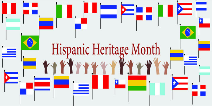 Group of hands with different color and Flags of America. Cultural and ethnic diversity. National Hispanic Heritage Month.