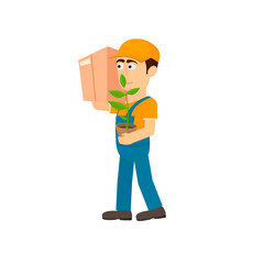 Cargo delivery. A male loader with a box, vector illustration