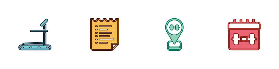 Set Treadmill machine, Sport training program, Location gym and Calendar fitness icon. Vector