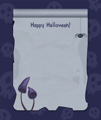 Halloween background with empty sheet of paper, spider and creepy mushrooms