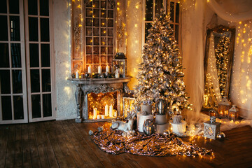 warm and cozy evening in Christmas room interior design,Xmas tree decorated by lights presents...