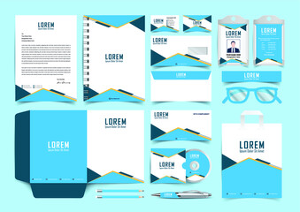 Stationery Corporate Brand Identity Mockup set with blue and cyan abstract geometric design. Business stationary mockup template of Guide, annual report cover, brochure, bag, corporate Letterhead.